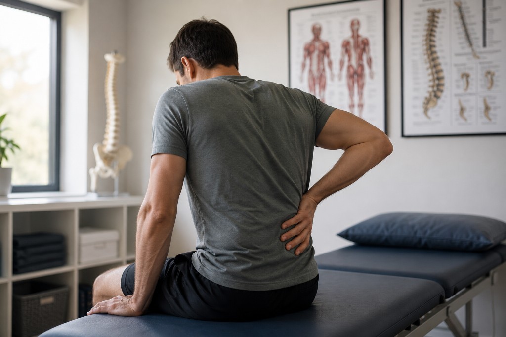 Man with lower back pain in a clinical examination room