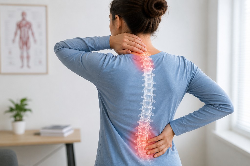 Woman with chronic neck and lower back pain illustrated on spine